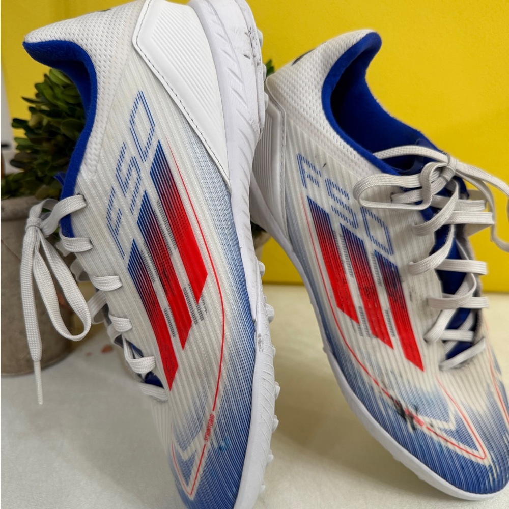 adidas Kids Size 8 F50 Pro Firm Ground Soccer Cleats White Red Blue IF1361 NEW